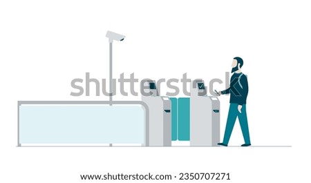 Bearded man character passing through a check in boarding pass code reading machine control in an airport. Colorful flat style vector illustration.
