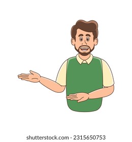 Carácter de hombre con barba que presenta gesto. Adecuado para el día del padre, profesor, tema de presentación.