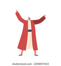Bearded Man Character Rejoices Raising Hands up. Smiling Biblical Male Praises God. Old Testament Stories of Salvation of Jewish People Isolated on White Background. Cartoon Vector Illustration