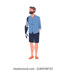 Bearded Man Character with Replaced Robotic Arms as Body Part Prosthesis Restoring Normal Functioning Vector Illustration
