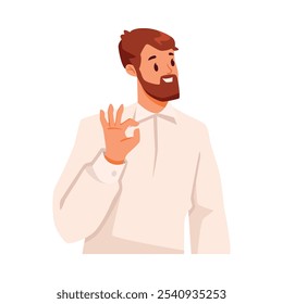 Bearded Man Character Showing Ok Hand Gesture Expressing Emotion with Body Language Vector Illustration