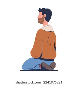 Bearded Man Character Sitting on the Ground with Bended Legs Watching Movie in Open Air Cinema Vector Illustration