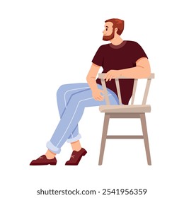 Bearded Man Character Sitting on Chair and Listen Vector Illustration