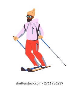 Bearded Man Character Skiing at Mountain Ski Resort in Winter Season Vector Illustration