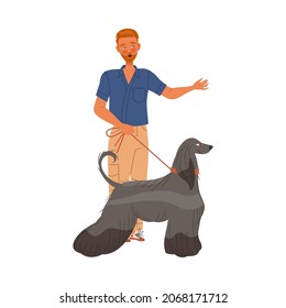 Bearded Man Character Standing with His Dog on the Leash Vector Illustration