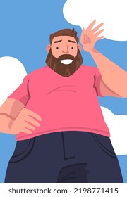Bearded Man Character Standing Looking from Above Friendly Smiling and Waving Hand Vector Illustration