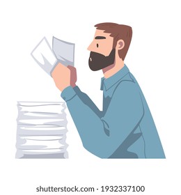 Bearded Man Character Working with Pile of Papers Vector Illustration