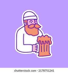 Bearded man chill out with glass of beers illustration, with soft pop style and old style 90s cartoon drawings. Artwork for street wear, t shirt, patchworks; for teenagers clothes.