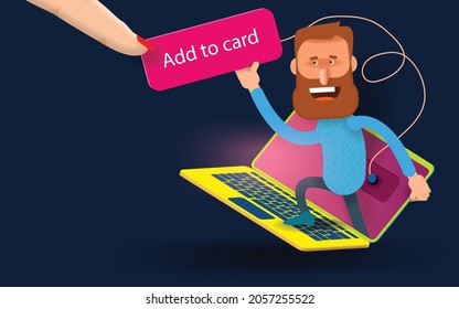 A bearded man climbs out of a laptop screen with an add to card button. Vector banner