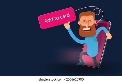 A bearded man climbs out of the mobile phone screen and holds the add to card button. Vectror banner