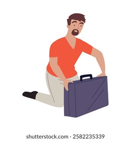 Bearded man closing a suitcase while preparing for travel isolated vector illustration