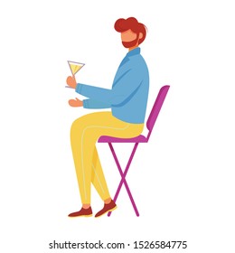 Bearded man with cocktail sitting on chair flat vector illustration. Holiday, party celebration. Nightlife. Confident caucasian guy with alcoholic drink isolated cartoon character on white background