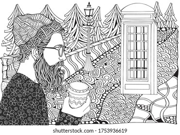 Bearded man with coffe. Phone booth door. English telephone box.Coloring book page for adults. Hand-drawn hipster man with a long beard. Black and white.  Line art.