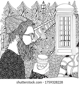 Bearded man with coffe. Phone booth door. English telephone box.Coloring book page for adults. Hand-drawn hipster man with a long beard. Black and white.  Line art.