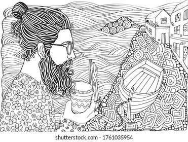 Bearded man with coffe. Seaside promenade. Wooden boat lying on the shore. Adult coloring book page in zentangle style. Black and white. Doodle. Vector. line art.