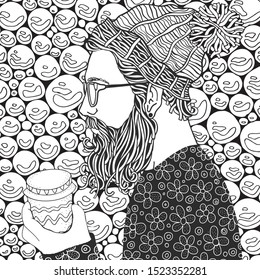 Bearded man with coffe. Snowing.  Winter snowflakes. Coloring book page for adults. Hand-drawn hipster man with a long beard. Black and white.  Line art.