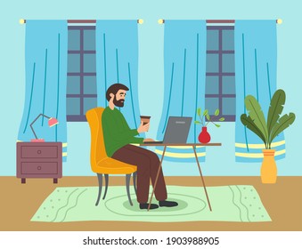 Bearded man with coffee sitting at table in room and correspondence surfing the Internet. Male character communicating through network on the laptop. Freelance, work from home and home office concept