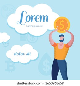 Bearded Man with Coin In Hand on Blue Background with Money Watermarks and Text. Advertising Image with Text. Man and Money. Increase Income. Vector Illustration. Success Business.