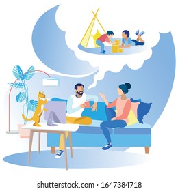 Bearded Man Communication with Woman Sits on Sofa with Thought about Children. Family Spending Time Together. Vector Illustration. Workflow in Office. Time Rest. Cat near Monitor on Table.