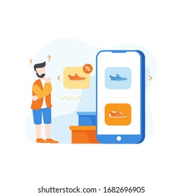 Bearded Man confuse to buy shoes. Mobile shopping concept. Vector Illustration for Web Page, mobile app, banner etc.
