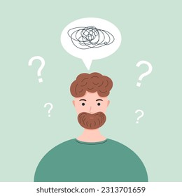 Bearded man with confused thoughts. The unhappy man has confused thinking. The depressed man has memory problems. Doubting man. Searching and thinking concept. Concept of mental disorder or illness