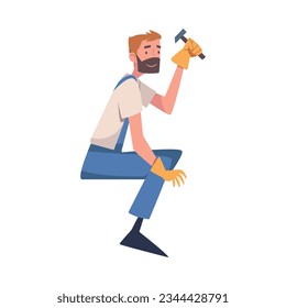 Bearded Man Construction Worker Character with Hammer Engaged in Roof Repair Vector Illustration