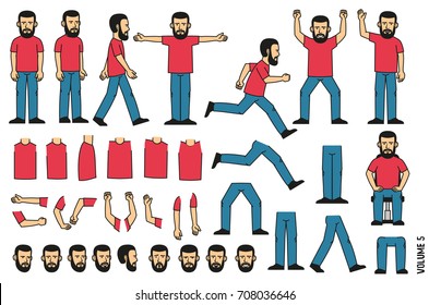 Bearded man constructor. Set of several poses and separate body parts in different positions. Faces with emotions.