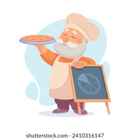 Bearded Man Cook or Chef Character in Uniform Stand at Wooden Board with Pizza Vector Illustration