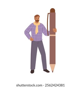 Bearded man copywriter or author holding big pen, office worker ready to answer on questionnaire, businessman going to draw arts. Vector cartoon character, draftsman or screenwriter