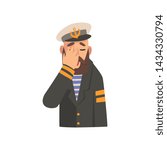 Bearded Man Covering His Face with Hand, Captaing Character in Blue Uniform Making Facepalm Gesture, Shame, Headache, Disappointment, Negative Emotion Vector Illustration