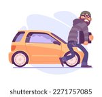 Bearded Man Criminal in Mask Breaking Car Committing Crime Vector Illustration