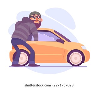 Bearded Man Criminal in Mask Breaking Car Committing Crime Vector Illustration