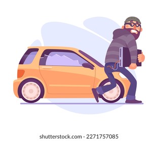 Bearded Man Criminal in Mask Breaking Car Committing Crime Vector Illustration