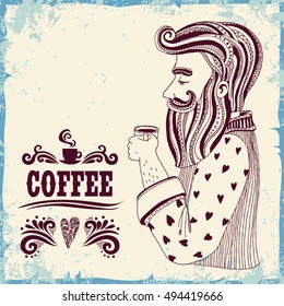 A bearded man with a cup of coffee. Hand drawn hipster illustration.