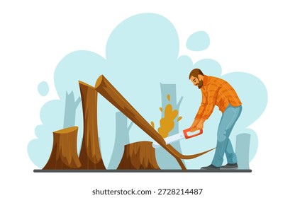 Bärtiger Mann, der mit einer Handsäge im Wald einen herabfallenden Baum schneidet, im Cartoon-Stil auf weißem Hintergrund. Konzept der Abholzung und Abholzung. Vektorgrafik