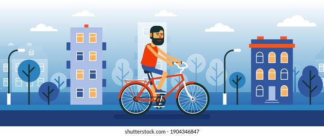 Bearded Man cyclist ride bicycle through the city street Hipster on a bike. Vector cartoon illustration.
