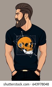 bearded man in dark blue  t shirt with skull