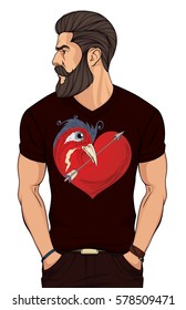 bearded man in dark red t shirt with heart and bird holding arrow