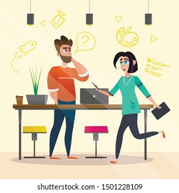 Bearded Man Designer in Office. Running Woman with Note Pad in Hand. Design Studio. Office Interior. Creative Designer. Creative Appearance. Graphic Developers. Vector Illustration. Teamwork.