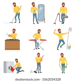 Bearded man with different household chores. Cleaning floor with mop and vacuum cleaner, washing dishes, ironing clothes. Happy house husband. Flat vector set