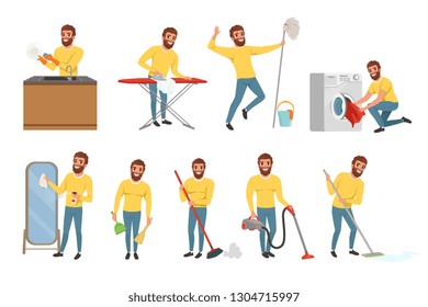 Bearded man with different household chores. Cleaning floor with mop and vacuum cleaner, washing dishes, ironing clothes. Happy house husband. Flat vector set