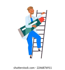 Bearded Man Doctor or Practitioner in Uniform with Tube Climbing Ladder Vector Illustration