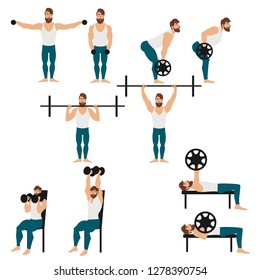 Bearded man doing workout vector illustration. Bearded man doing lateral raise, bent-over row, bench press, dumbbell overhead press, overhead press vector illustration.