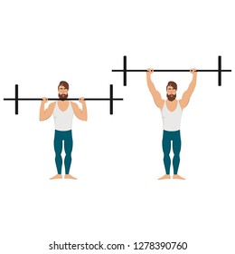 Bearded Man Doing Workout Vector Illustration. Bearded Man Doing Overhead Press Vector Drawing