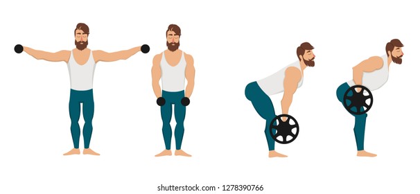 Bearded man doing workout vector illustration. Bearded man doing lateral raise vector drawing. Bearded man doing bent-over row vector illustration.