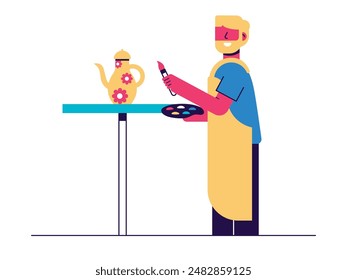 Bearded man is drawing on a pottery teapot, creative art vintage. Character design. Vector flat illustration