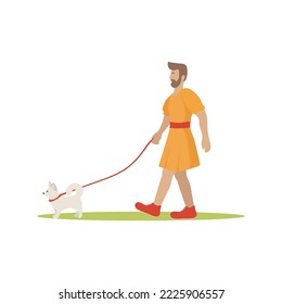 Bearded man in a dress walks a cute dog