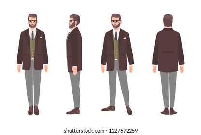 Bearded man dressed in elegant formal office clothes or business suit. Male cartoon character isolated on white background. Front, side and back views. Colorful vector illustration in flat style.