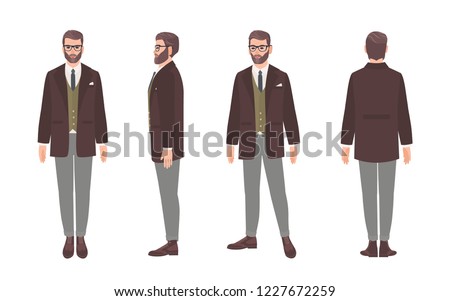 Bearded man dressed in elegant formal office clothes or business suit. Male cartoon character isolated on white background. Front, side and back views. Colorful vector illustration in flat style.