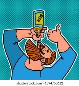 bearded man drinking a bottle of beer. Comic cartoon pop art retro drawing illustration